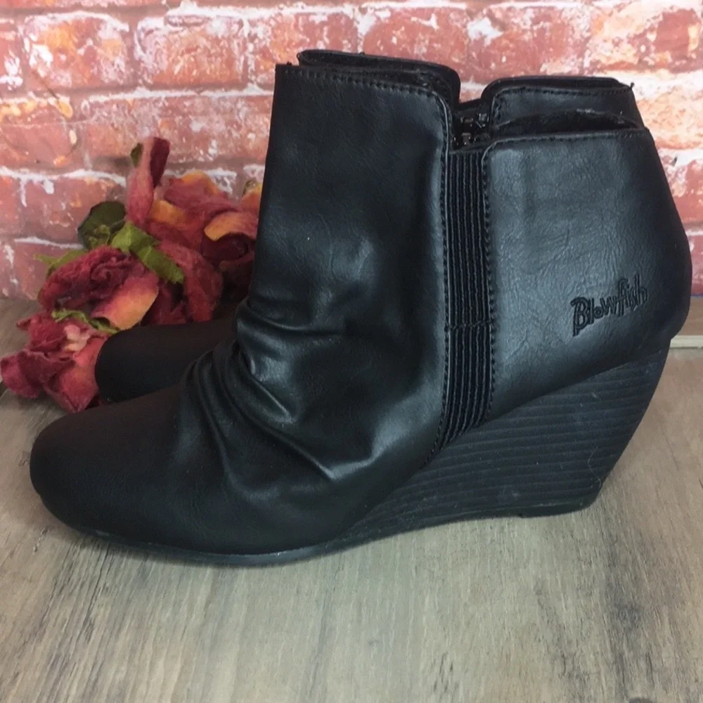 Blowfish’s Malibu Black Slouchy Faux Leather Wedge Ankle Booties